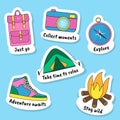 Vector flat camping stickers set of backpack, camera, compass, campfire, sneakers, tent. Summer hiking set in retro style